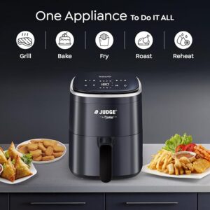 judge by prestige instaair digital 4l air fryer | 80% less oil consumption | air fry, grill, roast, bake | digital display | 8 preset menu | 1250 watts | easy to clean | 1y warranty | isi certified